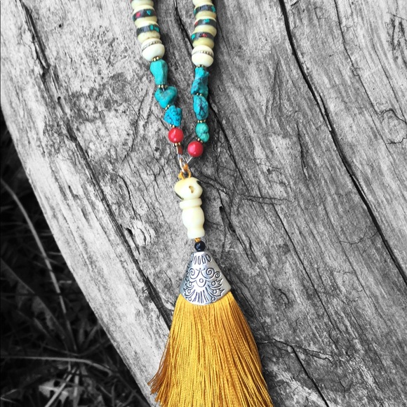 Tibetan Beads with Turquoise, Coral & SS with tassel by K Morris Designs - Picture 2 of 8